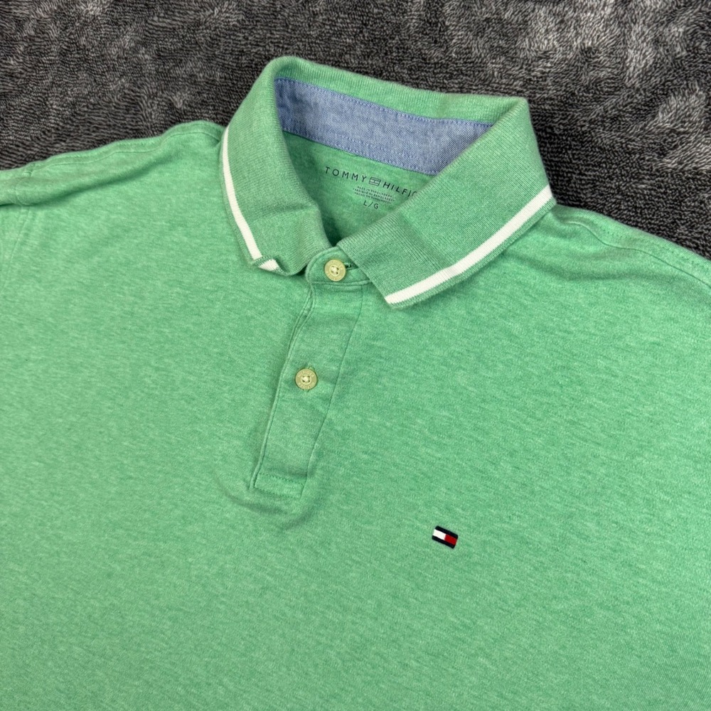 Tommy Hilfiger Polo Shirt Mens L Green Heather Tipped Cotton Short Sleeve